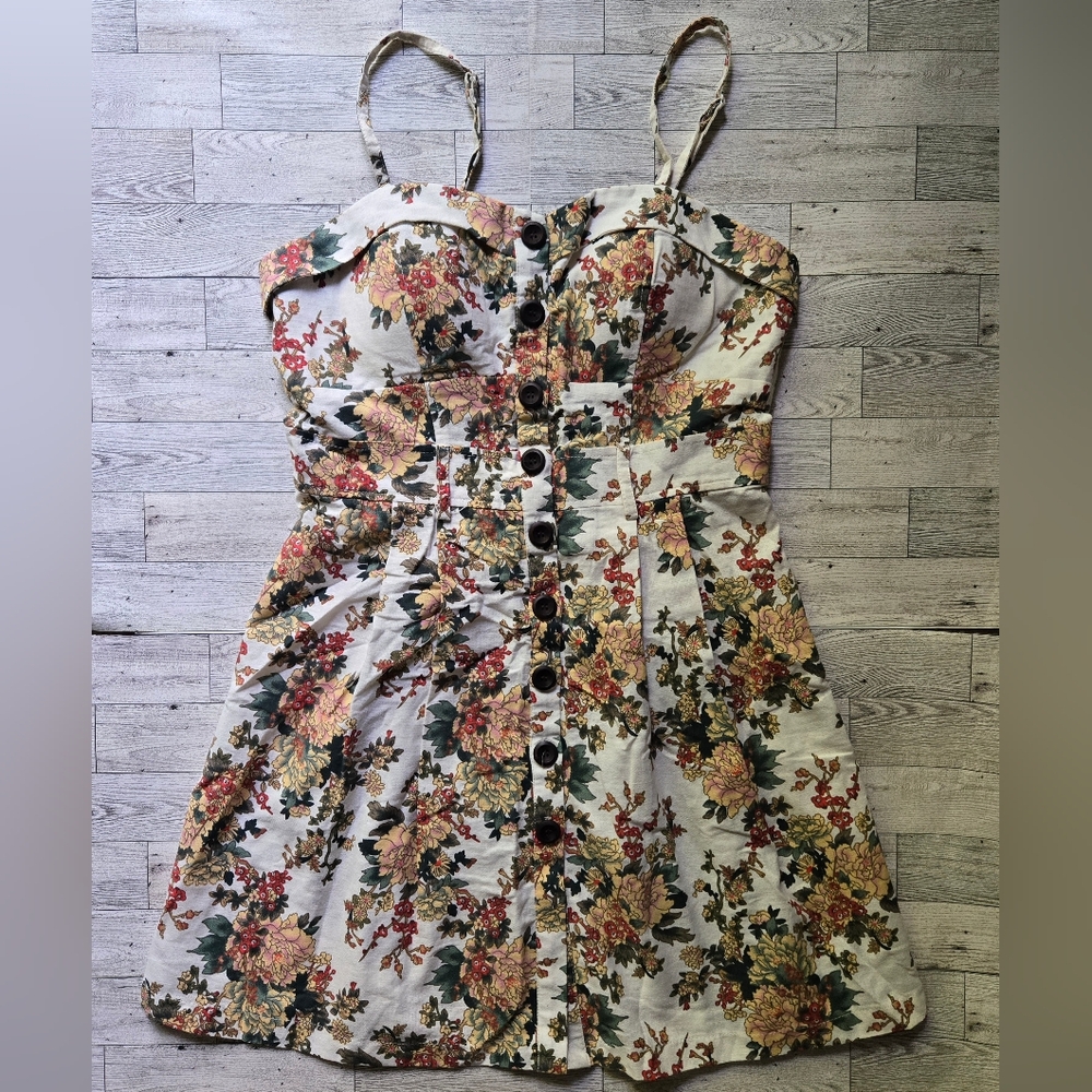 Poetry Floral Bustier Linen Tapestry Button Up Midi Dress
